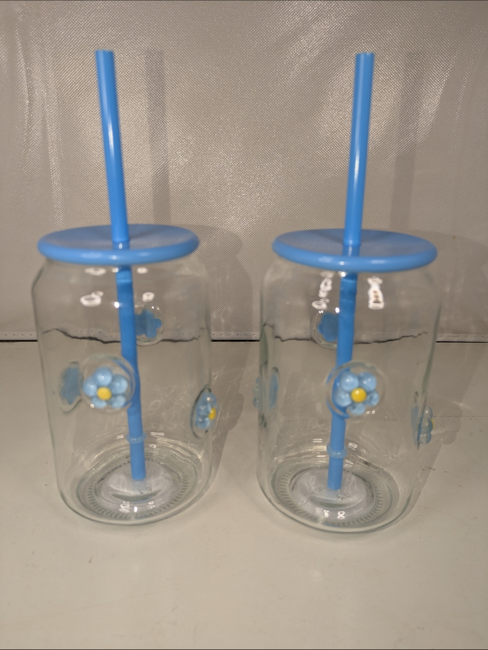 Viral Blue Floral Glass Tumblers Straw Set of 2 Aesthetic Cute